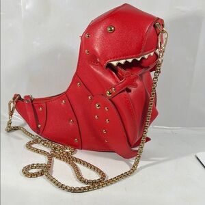Red Dinosaur Crossbody Bag with Gold Chain